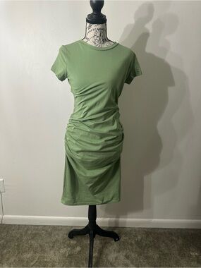 Olive Green Ruched Midi Dress | Short Sleeve | Size L | NWOT